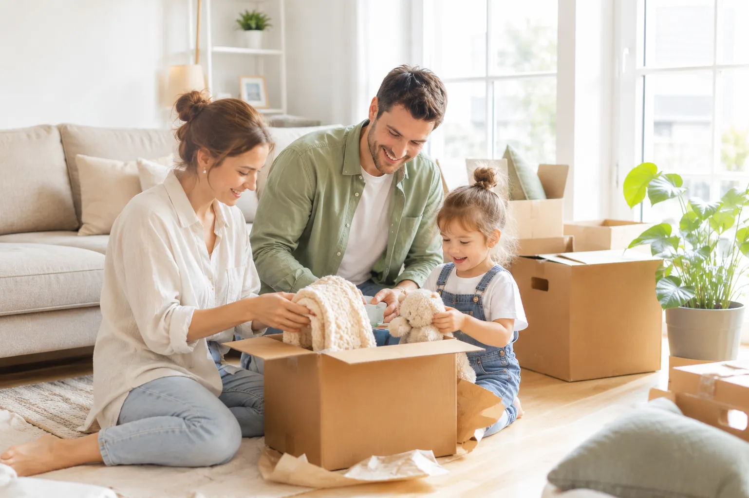 Famille déballant des cartons dans un salon lumineux